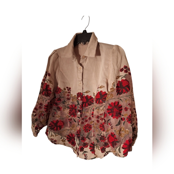 Gorgeous Red Rose Design Long Sleeved Button Down Blouse Sheer Parts Romantic - Picture 3 of 5